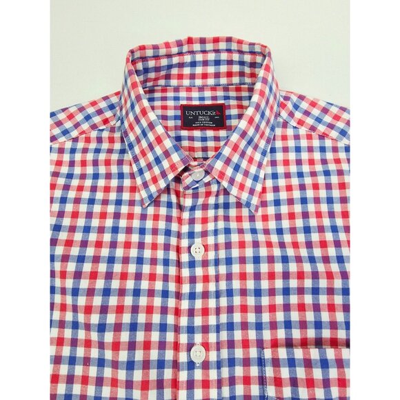 Untuckit Size Small Slim Fit Mens Red White Blue Check Long Sleeve Cotton Shirt - Picture 1 of 9